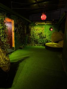 Una habitación oscura con un suelo verde y una puerta. en Prisamata, en Salta