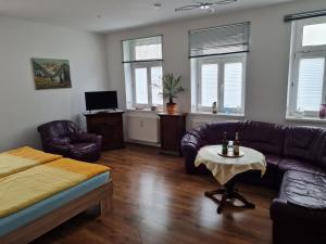 a living room with a couch and a table at Gambrinus Schneeberg in Schneeberg
