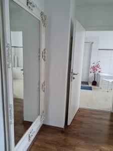 an open door to a bathroom with a mirror at Gambrinus Schneeberg in Schneeberg +18 photos