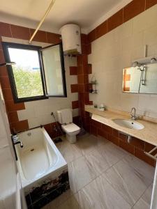Mājid Abū ZaydにあるSerene Escape 4 Bedrooms Villa - Hacienda Redの浴槽、トイレ、洗面台を備えたバスルーム