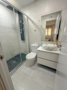 a bathroom with a toilet and a shower and a sink at Charming Madrid Apartment 6 paradas metro El Retiro in Madrid