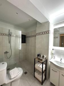 ein Badezimmer mit Dusche, Toilette und Waschbecken in der Unterkunft Cecilia Sea View Apartment in Kardamena, Kos in Kardamaina