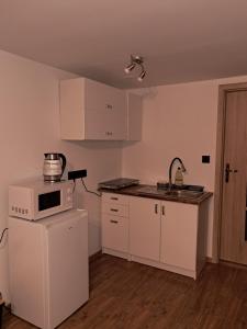 a small kitchen with a white refrigerator and a microwave at Pokoje Gościnne Kurza Zagroda 2 in Jelenia Góra