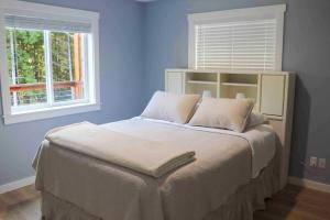 ein Bett in einem Schlafzimmer mit blauen Wänden und zwei Fenstern in der Unterkunft Regal Redwoods in Fort Bragg