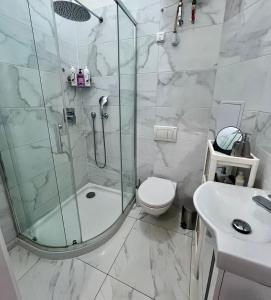 a bathroom with a shower and a toilet and a sink at Romance in the Old Town in Prague +9 photos