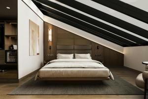 a bedroom with a large bed with a striped ceiling at AC Hotel by Marriott Vilnius in Vilnius