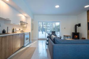 ein Wohnzimmer mit einer blauen Couch und einem Kamin in der Unterkunft Brand New with SPA - Le Repaire du Lievre Blanc in Saint-Alexis-des-Monts