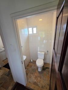 een kleine badkamer met toilet en wastafel bij Mathoeralaan Appartement in Paramaribo