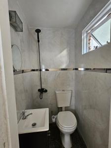 a small bathroom with a toilet and a sink at Sonido de mar in Santa Teresita