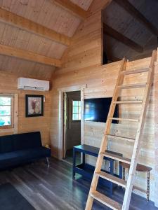 Zimmer mit einem Hochbett in einem Blockhaus in der Unterkunft Lakeside Cottage On Muskoka Shores in Parry Sound