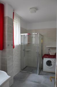 a bathroom with a shower and a washing machine at Willa Wanda in Zakopane