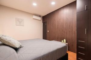 a bedroom with a bed and a wooden cabinet at 307 Spacious AC apt Historic CDMX Rooftop in Mexico City