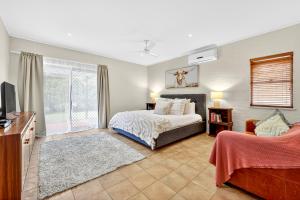 a bedroom with a bed and a tv and a window at The Ranch Hunter Valley - central to all the Hunter Valley has to offer in Pokolbin