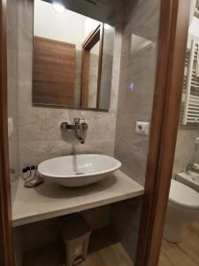 a bathroom with a sink and a mirror and a toilet at Da Nonna Iolanda in Caiazzo