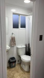 a white bathroom with a toilet and a sink at Cabaña central a pasos del terminal in Valdivia