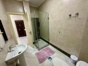 a bathroom with a shower and a sink and a toilet at Apartamentos Alborj 7J إقامةالبرج in Ifargane +19 photos