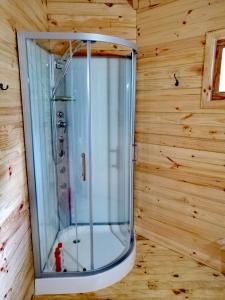 a shower in a room with a wooden wall at Cabañita del Árbol Cóndor in Las Trancas