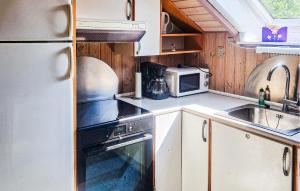 a small kitchen with a stove and a microwave at Nice Home In Hemmet With Sauna in Hemmet