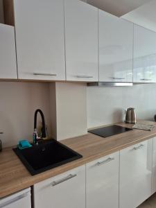 a kitchen with white cabinets and a sink at Mia in Rēzekne +6 photos