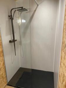 una ducha con puerta de cristal en un baño en Lalouette, en Porcheresse