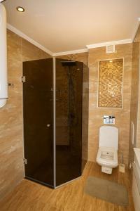 a bathroom with a shower and a toilet in it at Romantic Studio Florence in Sveti Vlas