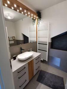 a bathroom with a sink and a mirror at Gemütlich wohnen mit Weinblick in Horrweiler