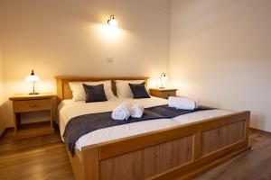 迪瓦查Kraška hiša Škrla的卧室里有一张床，床上放着两条毛巾。