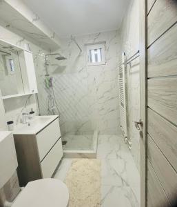 a white bathroom with a toilet and a sink at DACAFI Luxury Apartment in Hunedoara +21 photos