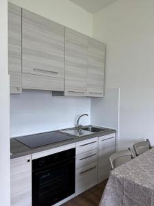 a kitchen with a sink and wooden cabinets at Monolocale Riva Lake in Valbrona +12 photos