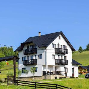 a large white house with a black roof at Pensiunea Crinul Bucovinei 