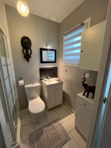 a bathroom with a toilet and a tv on the wall at Studio ou maisonnette Sarzeau in Sarzeau