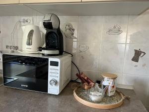 a kitchen with a microwave and a bowl of food at Aurora Plitvice in Smoljanac +10 photos