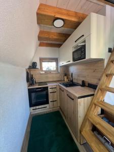 a small kitchen with wooden cabinets and a green rug at Chata Triangel Komjatná in Komjatná