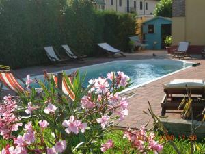 a swimming pool with chairs and flowers in a yard at B&B Il Pioppo E La Fonte in Castello d'Agogna