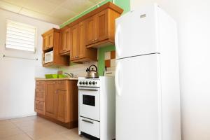 a kitchen with a white refrigerator and wooden cabinets at Adulo Apartments in Bridgetown