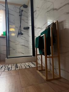 a towel rack in a bathroom with a shower at Uroczysko Lady 