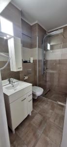 a bathroom with a shower and a sink and a toilet at MIRA RESIDENCE Apart & Penthouse in Mamaia Nord