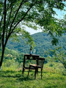 a table with a bottle of wine and a glass at Cabana Vatra Sloveanu 