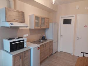 a small kitchen with a sink and a microwave at Natasa's Appartment in Kalamata in Kalamata