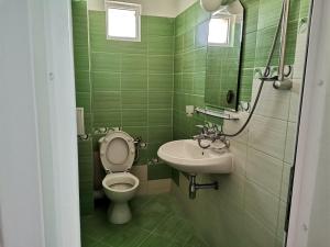 a green bathroom with a toilet and a sink at Стаи за гости Кирови in Ahtopol