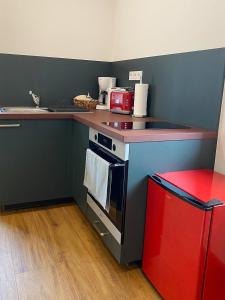 a kitchen with a stove and a counter top at Gästesuite im Stöckelkeller bei Bayreuth 