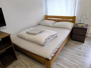 a bed with two pillows on it in a room at Aparttrans Wroclaw Botanic Garden in Wrocław