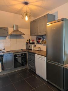 a kitchen with blue cabinets and a stainless steel refrigerator at Au jardin des pies in Woustviller