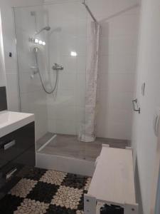 Un baño blanco con ducha y lavabo. en Mehrbett-Apartment 5 Citynah, einfache Ausstattung, en Hamburgo
