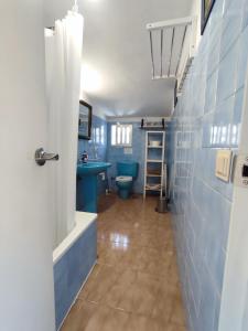 a blue bathroom with a toilet and a sink at Alojamientos Manuela 1 in Vilagarcia de Arousa