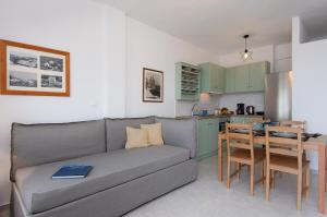 ein Wohnzimmer mit Sofa und eine Küche in der Unterkunft Apelagitis 3 in Sifnos