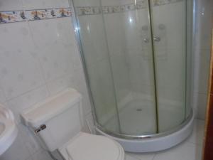 een badkamer met een douche, een toilet en een wastafel bij Chimborazo in Riobamba