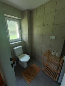 a small bathroom with a toilet and a window at Apartmán KPS in Kalameny +6 photos