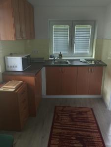 una cocina con fregadero y microondas en Apartmán KPS, en Kalameny