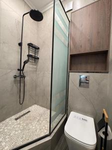 a bathroom with a shower with a toilet and a glass shower at Панорамная евродвушка комфорт-класса in Almaty